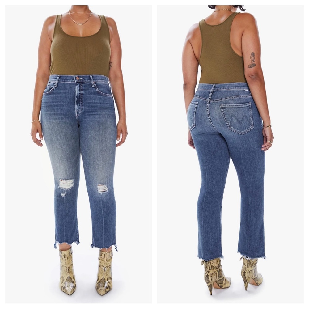 mother - the insider crop step chew jeans chewed-up hem high waist bootcut